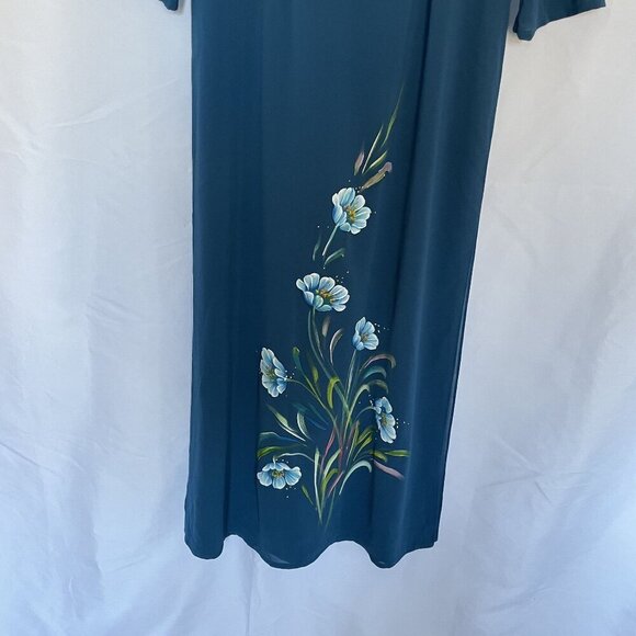 Vintage Teal Maxi Dress With Floral Hand-Painted Design & Long Sleeves high slit - Picture 3 of 10